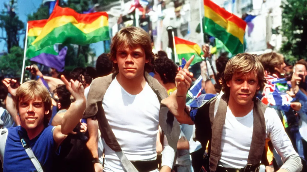 Prompt: rotj luke skywalker goes to pride, getty images, victorious, flags, parade, gay rights, bright smiles, daylight, twenty three year old luke skywalker at gay pride, 3 5 mm photography, very happy, played by young mark hamill, smiling