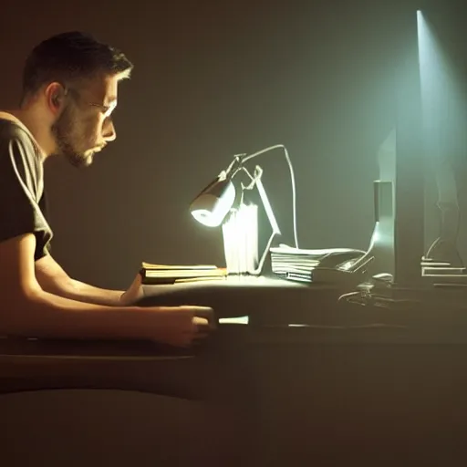 Image similar to cinematic lighting of a programmer by nick silva, rim lighting, trending on pintrest