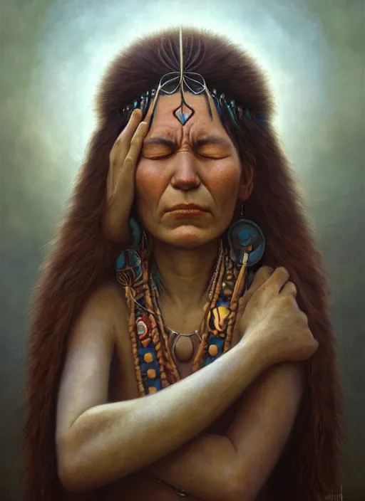 Prompt: a beautiful portrait of an indigenous female shaman with eyes closed feeling her heart, designed by dr seuss and michal karcz, by christophe vacher
