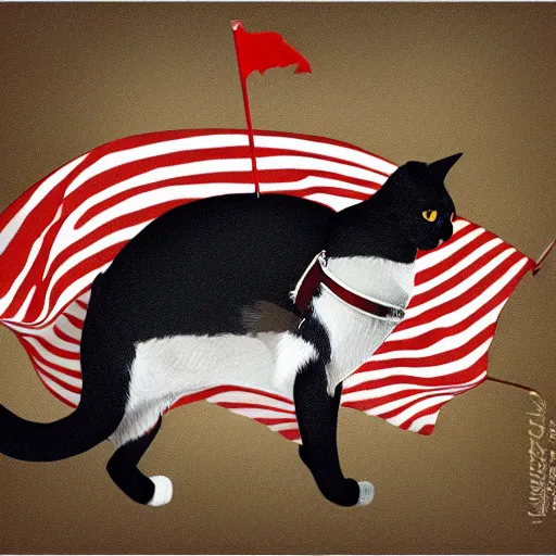 Image similar to a small warrior tuxedo cat carrying his battle flag while riding a large striped cat steed that is galloping into battle