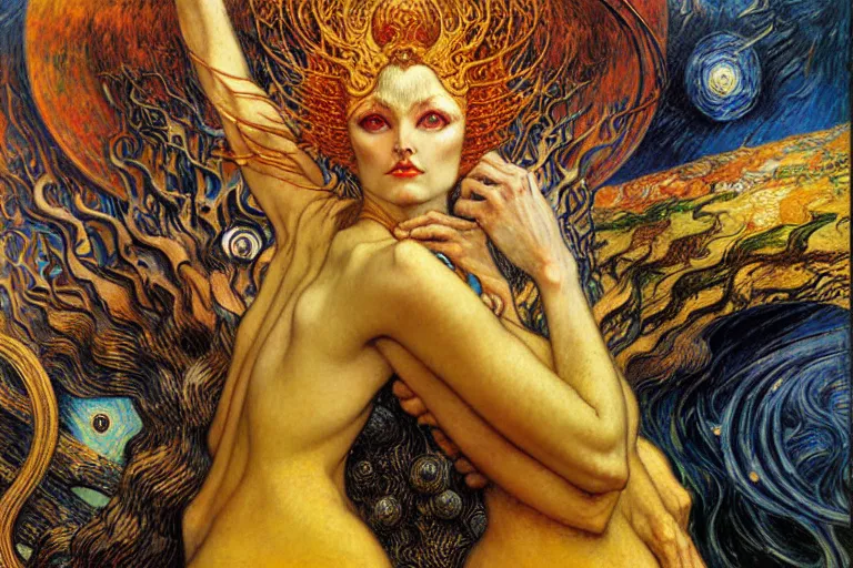 Image similar to Divine Chaos Engine by Karol Bak, Jean Delville, William Blake, Gustav Klimt, and Vincent Van Gogh, symbolist, visionary