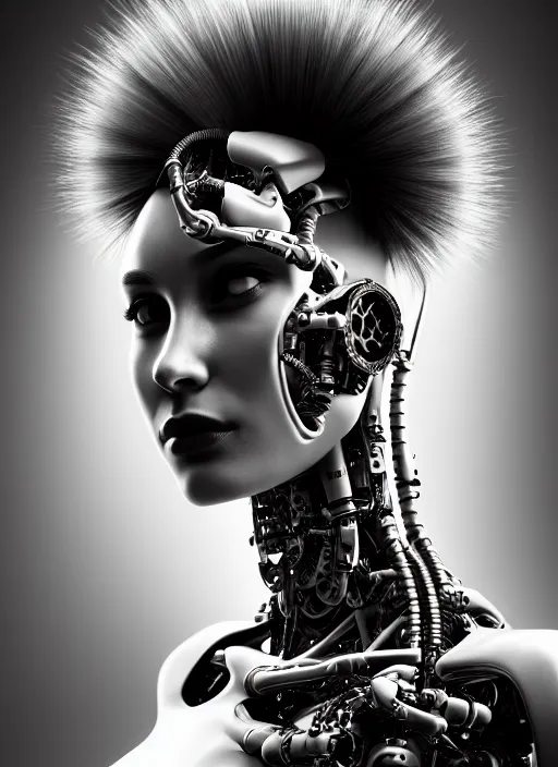 Prompt: a stunning young female cyborg profile face, face is made intricate tribal bio - mechanical, bw, unreal engine, glamor shot, nikon d 7 5 0, closeup, f / 2. 8, low contrast, 1 6 k, rim lighting, optical fiber, cinematic lighting, insanely detailed and intricate, hypermaximalist, elegant, ornate, hyper realistic,