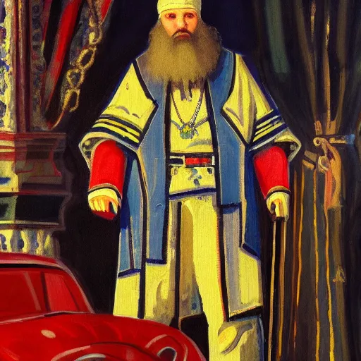 Prompt: Ivan the Terrible in his palace in Moscow with new car Tesla 3, oil painting style,