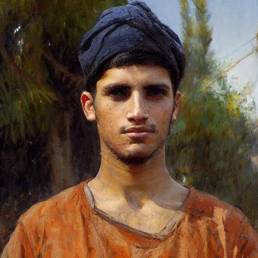 Image similar to Solomon Joseph Solomon and Richard Schmid and Jeremy Lipking Middle eastern genre painting portrait painting of a 17 year old handsome Mediterranean skinned man in colorful ancient Canaanite tunic, field background