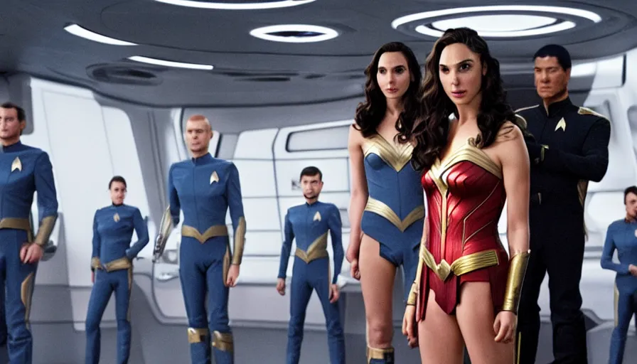 Image similar to Gal Gadot, in full starfleet uniform, is the captain of the starship Enterprise in the new Star Trek movie