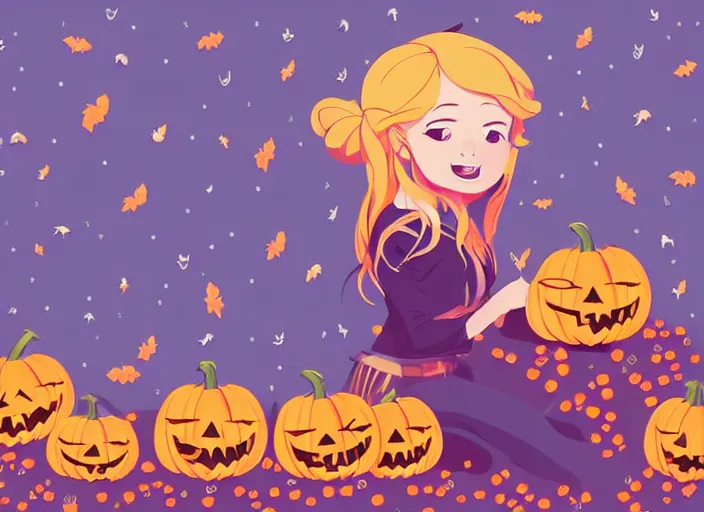 Image similar to little girl with long golden blonde hair sitting on a pile of halloween pumpkins and skulls. clean cel shaded vector art. shutterstock. behance hd by lois van baarle, artgerm, helen huang, by makoto shinkai and ilya kuvshinov, rossdraws, illustration, art by ilya kuvshinov