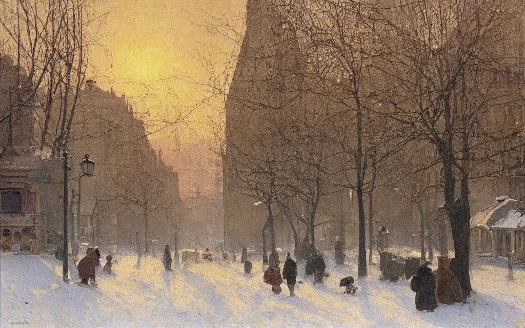 Image similar to a painting of a street in winter, pale sun, mist, oil on canvas, by carl larsson