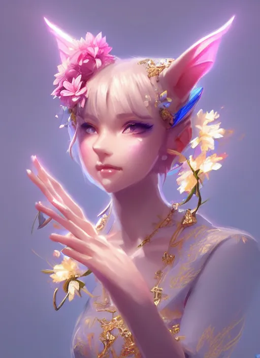 Image similar to cute little dragon, flowers, neon blue, light pink, gold, diamonds, highly detailed, artgerm, cushart krenz, artstation, soft light, sharp focus, illustration, character design, concept art