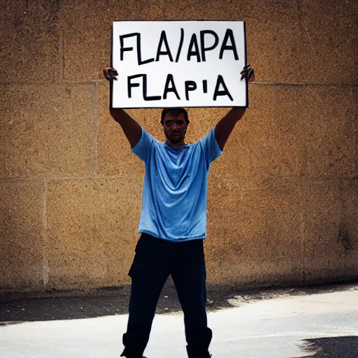 Image similar to man holding a sign that says “ floppa ”, studio light