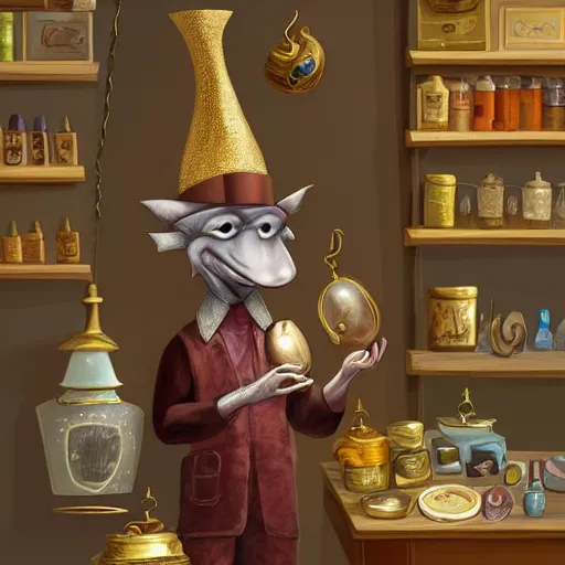 Image similar to Anthropomorphized DinosUr trader in his shop, selling his wares, portrait, items, gold, magic potions, carpet, window, fancy hat, sly expression , cunning expression, cute expression, long thick shiny gold beak, presenting wares, holding a gold bag, D&D, fantasy, cinematic lighting, highly detailed, digital painting, artstation, concept art, smooth, sharp focus, illustration, warm light, cozy warm tint, magic the gathering artwork, volumetric lighting, 8k, art by Akihiko Yoshida, Greg Rutkowski