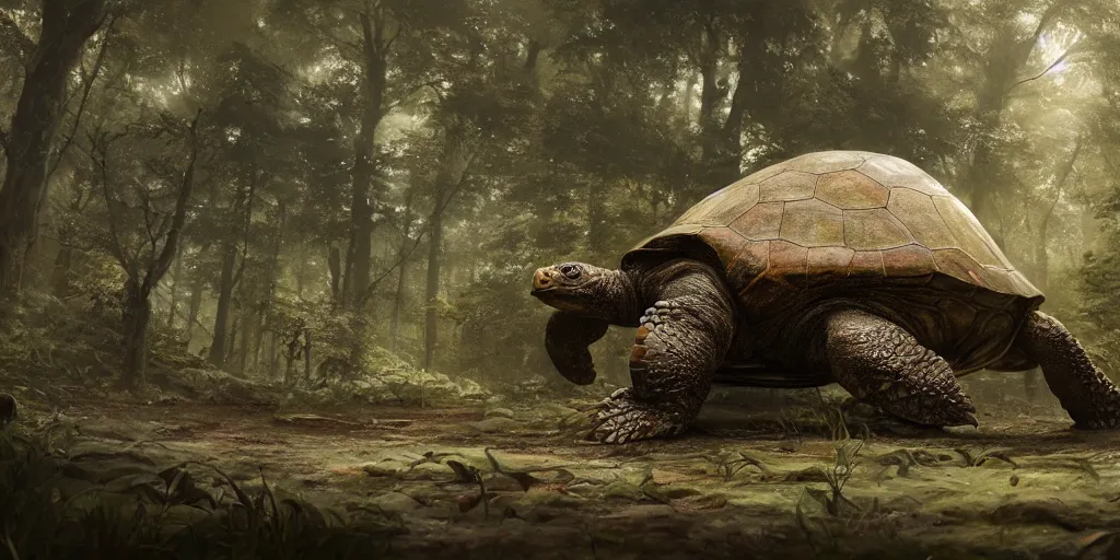 Image similar to a huge ancient turtle with a forest on top of its shell, greg rutkowski, 8 k, shallow depth of field, intricate detail, concept art,