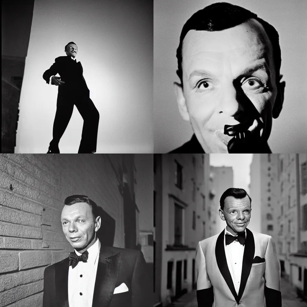 Prompt: A medium shot promo portrait of Frank Sinatra in a tuxedo, dancing under the moonlight in an empty street, 85mm, F 1.8, Fomapan 100 Action, by Wes Anderson, Harcourt archive-s 50