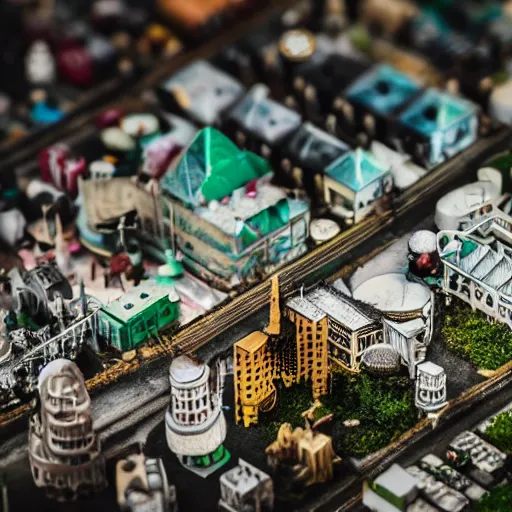 Image similar to macro photo of a miniature secret hidden world with tiny buildings and people covered in milk