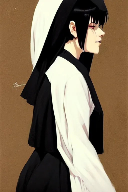 Image similar to a ultradetailed beautiful painting of a stylish nun, she has short black hair with bangs, by conrad roset, greg rutkowski and makoto shinkai trending on artstation