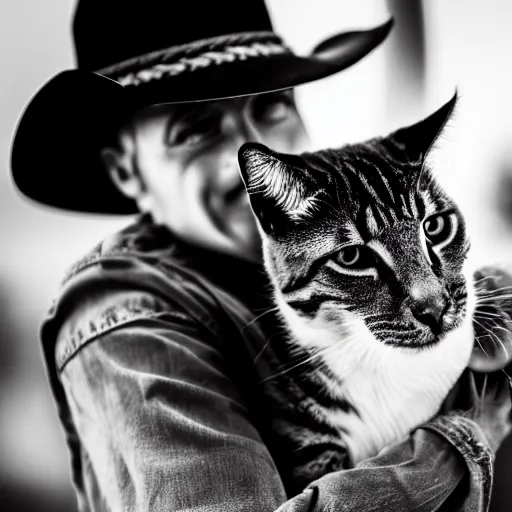 Image similar to close - up photograph of a cowboy holding a cat, black and white, detailed, 8 k, grain, dramatic backlighting