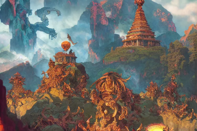 Prompt: skeleton horde attacking a tibetian temple in the mountains, beautiful day, concept art, beautiful, by maxfield parrish, by gustave dore, by peter mohrbacher, by alphonse mucha, sharp focus, vivid color, rainbowshift, octane render, cgi, rule of thirds