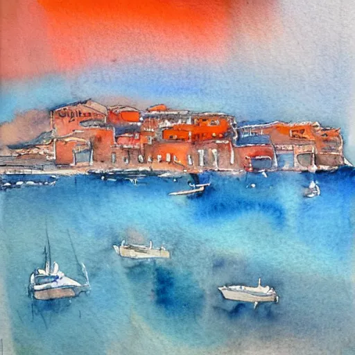 Image similar to A dreamy watercolor of an italian harbor, blue and orange palette