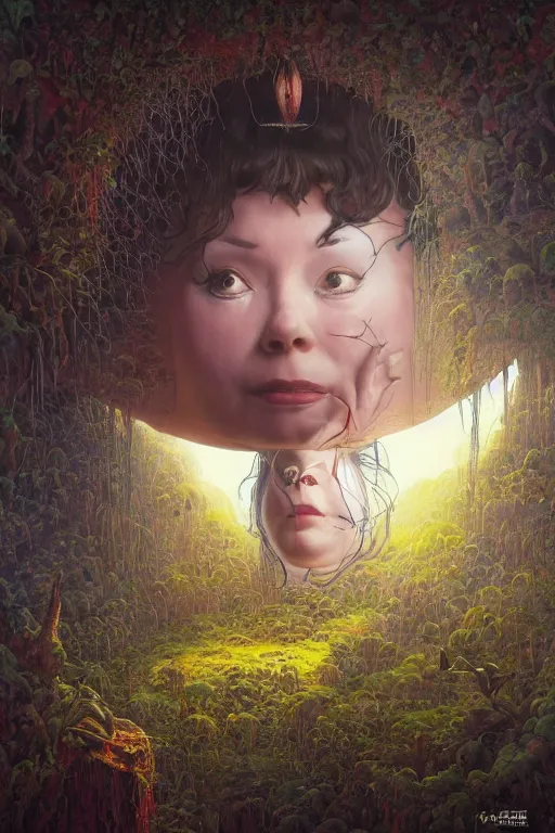 Image similar to bjork portrait by hubert robert and lee madgwick and roger dean and jacek yerka, dan mumford and alex grey style, soft lighting, 4 k hd wallpaper illustration concept joy atmospheric lighting