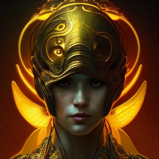 Image similar to dinosaur overlord, sci fi, glowing eyes, volumetric lights, gold theme, art nouveau botanicals, intricate, highly detailed, digital painting, artstation, concept art, smooth, sharp focus, cinematic, illustration, beautiful face, art by artgerm and greg rutkowski and alphonse mucha