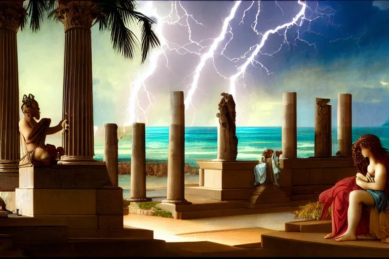 Prompt: Doric temple on front of balustrade and palace columns, refracted lightnings on the ocean, thunderstorm, tarot cards characters, beach and Tropical vegetation on the background major arcana sky and occult symbols, by paul delaroche, hyperrealistic 4k uhd, award-winning, very detailed paradise