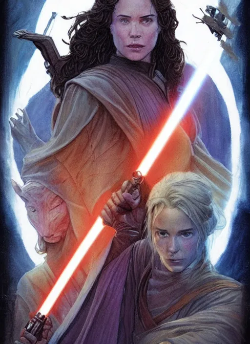 Image similar to movie poster by iain mccaig and magali villeneuve, a beautiful woman jedi master, highly detailed. star wars expanded universe, she is about 2 0 years old, wearing jedi robes.