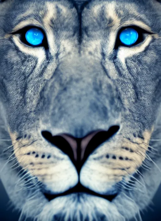 Image similar to a close up of a lion's face with blue eyes, an album cover by jacob toorenvliet, featured on behance, cubo - futurism, rendered in cinema 4 d, sketchfab, rendered in maya