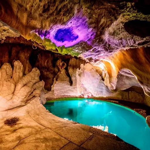 Image similar to photo inside a cave made of amethyst and and a hot spring