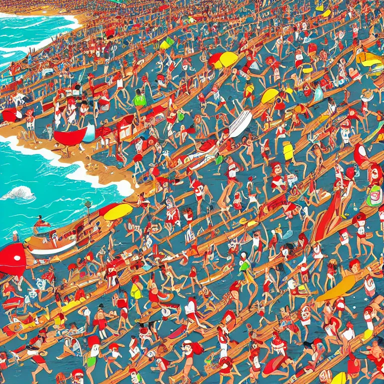 Image similar to high detailed full page spread from the where's waldo at a densely populated beach, high angle medium wide, where's waldo character large in the top right, high detail illustration, coherent