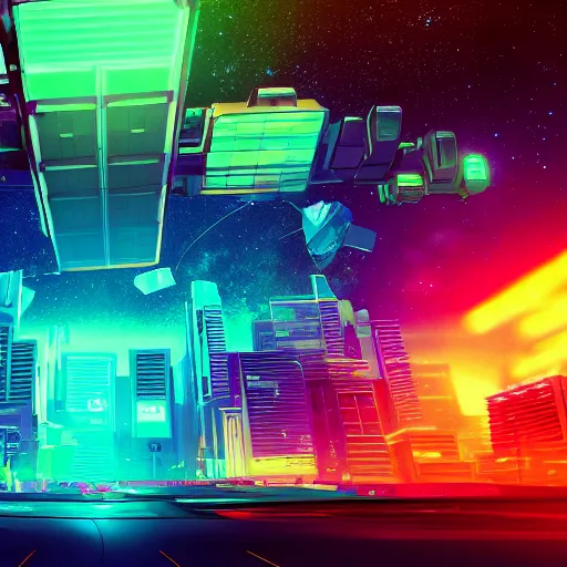 Image similar to synthwave neon city in space, cinematic, highly detailed, photograph, scifi