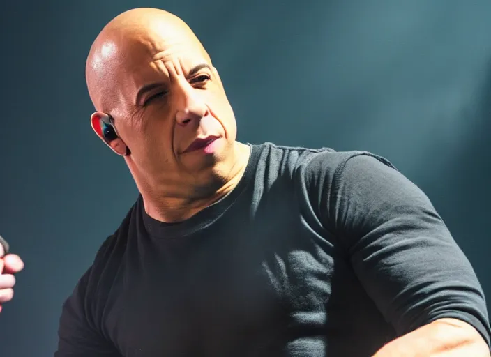 Image similar to publicity photo still of vin diesel in blind guardian live on stage, 8 k, live concert lighting, mid shot