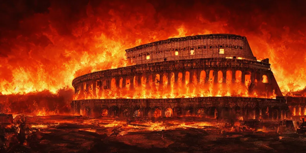 Image similar to painting of the great fire of rome, abstract, realism, 8 k, detailed, terror, octane render, 3 d render, complex emotion, glow, orange, beautiful, cinematic