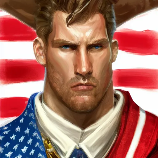 Prompt: portrait of a man in a continental battlecoat with an american flag belt, D&D, fantasy, elegant, hopeful, muscular, highly detailed, digital painting, artstation, concept art, smooth, sharp focus, illustration