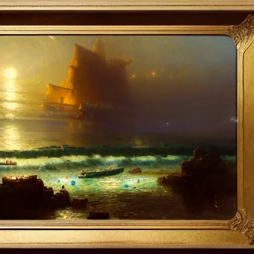 Image similar to point of view of botom of the ocean looking up, see fishes, the milk way, night time, midnight, no sunlight. highly detailed painting by gaston bussiere, greg rutkowski 8 k