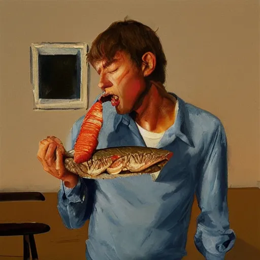 Image similar to album art of a man eating tuna, artstation