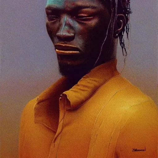 Image similar to portrait of burna boy, painting by zdzislaw beksinski,