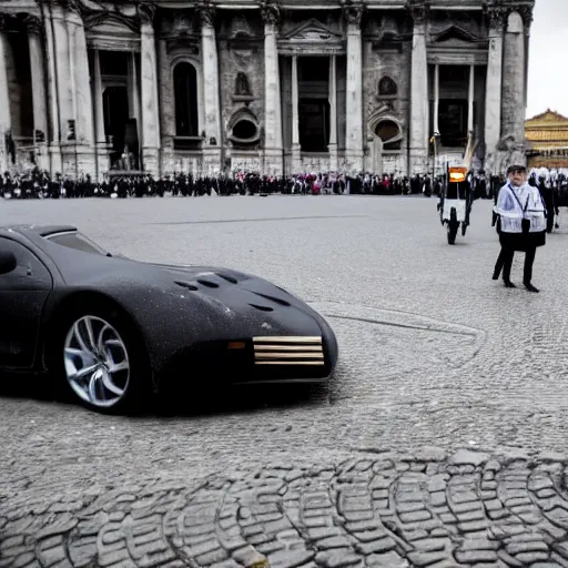 Image similar to a stunning award-winning photo of the Pope doing a sick drift in the pope mobile on St. Peter's square, dark tire marks, gray smoke coming out of the tires, very high quality, extremely detailed