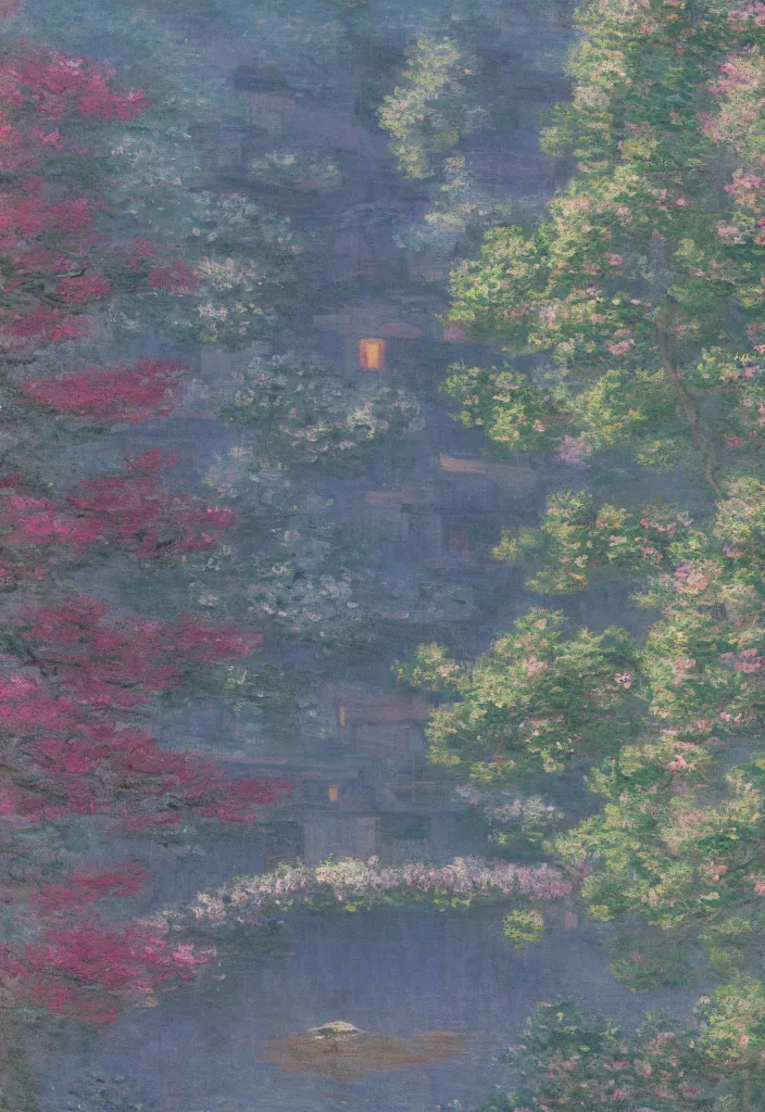 Prompt: a beautiful japanese city in the mountain, amazing ryokans and gorgeous edo era houses, epic cyberpunk, lofi vibe, colorful, vivide colors, amazing light, really beautiful nature, oil painting in impressionist style, by jeremy lipkin, by claude monet, by makoto shinkai, multiple brush strokes, inspired by ghibli, masterpiece, beautiful