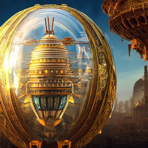 Image similar to enormous flying city in a faberge egg, sky, steampunk, fantasy art, unreal engine, intricate, intricate, intricate, intricate
