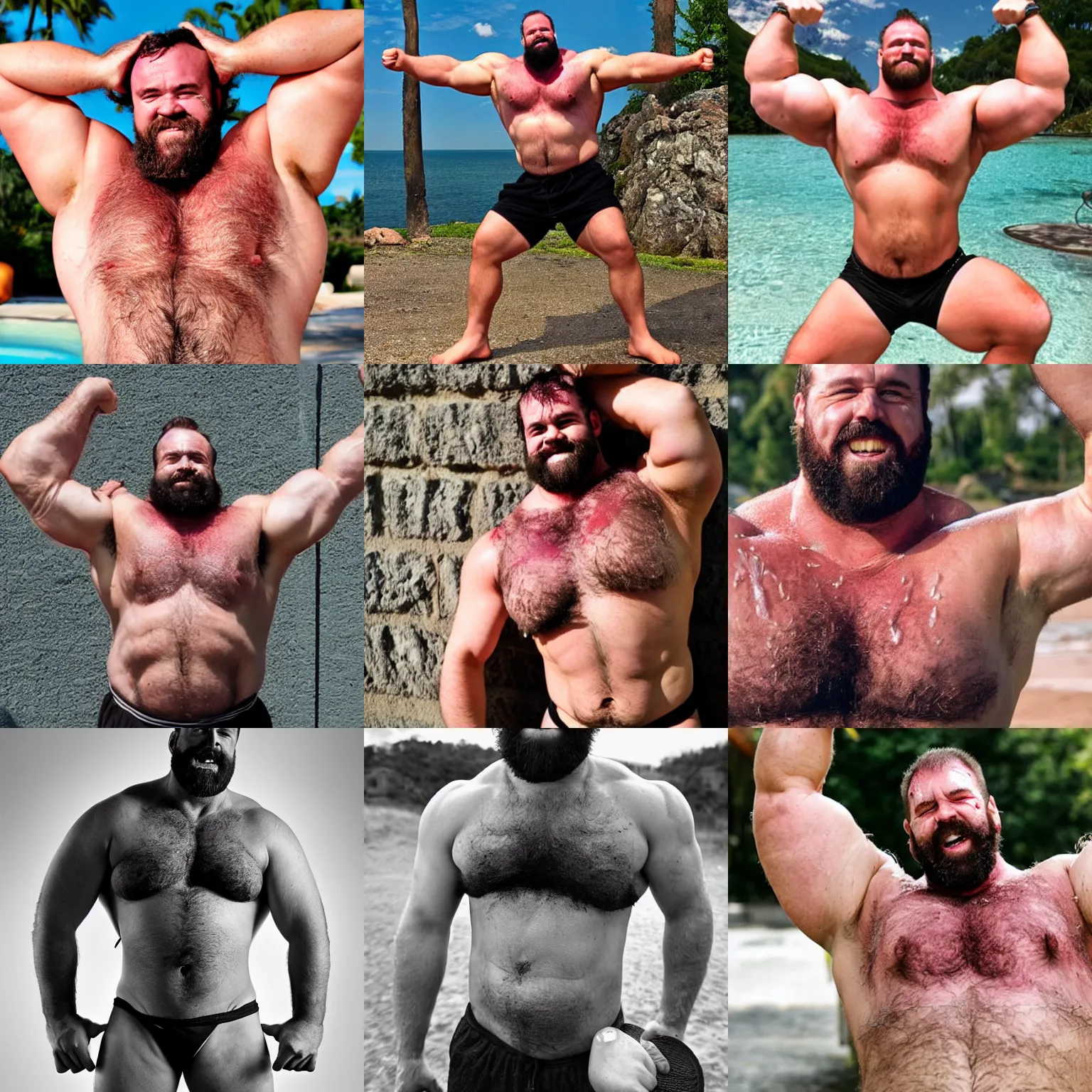 Prompt: thick burly hairy manly strongman covered in sweat, shirtless, wearing shorts and flipflops, flexing is muscles, exposing his armpits, photography