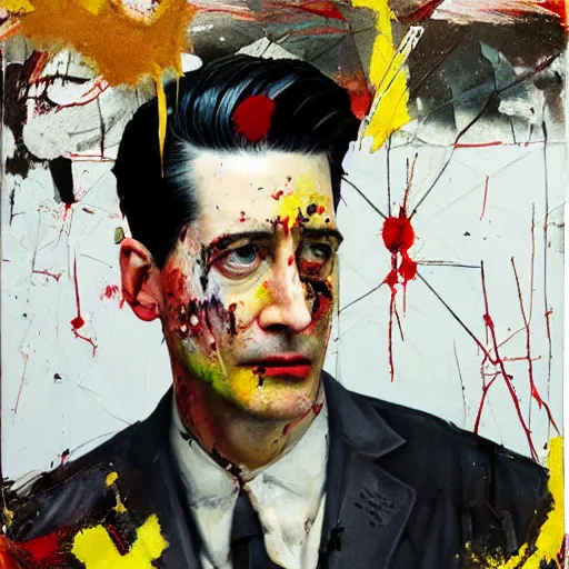 Image similar to hyperrealistic, photorealistic, mixed media oil painting of agent dale cooper, magazine scraps, plaster, blood, oil, mustard, splatter, greg rutkowski, basquiat, ralph steadman, wesley kimler, terry gilliam