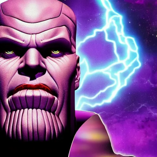 Prompt: Thanos as Max Headroom on a CRT television, purple skin, short blonde hair, symmetrical face, dramatic lighting, sharp focus, smooth