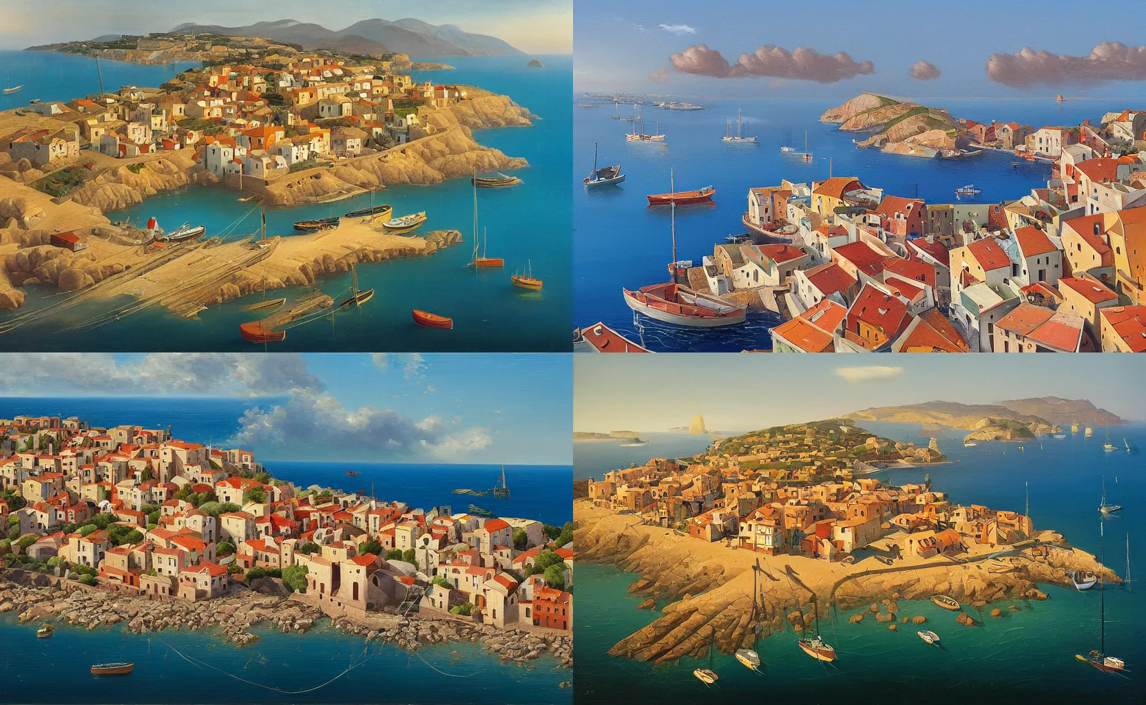 Prompt: A painting of a Mediterranean fishing village by Michiel Schrijver, aerial view