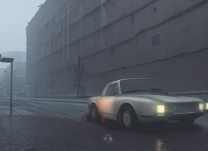 Prompt: hyperrealistic matte painting of screenshot gta in moscow, fine details, rain, people adidas tracksuit, rtx reflections, soviet suburbs, paneled buidlings, fog, night, photorealistic, unreal engine, octane render, volumetric light, action movieб 4 k, 5 0 mm bokeh, russian lada car, by greg rutkowski, artstation