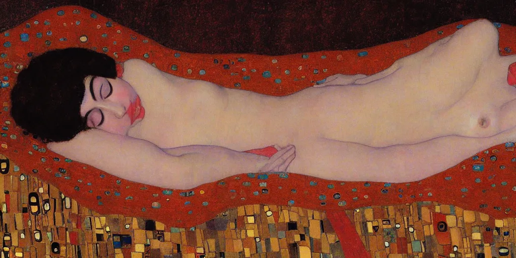 Prompt: a girl lying in a bed painted by Gustav Klimt