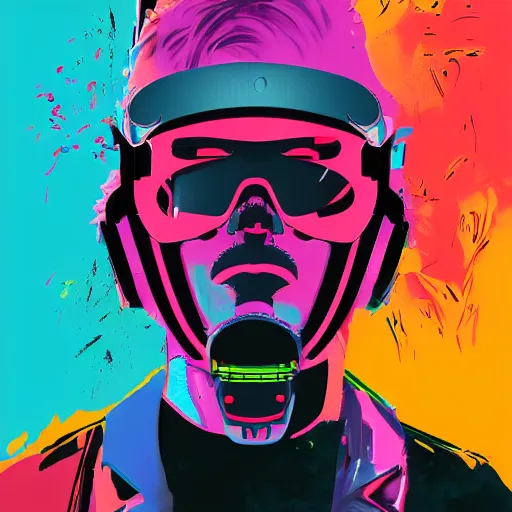 Image similar to illustration of cyberpunk terminator in vr helmet, colorful splatters, by andy warhol and by zac retz and by kezie demessance