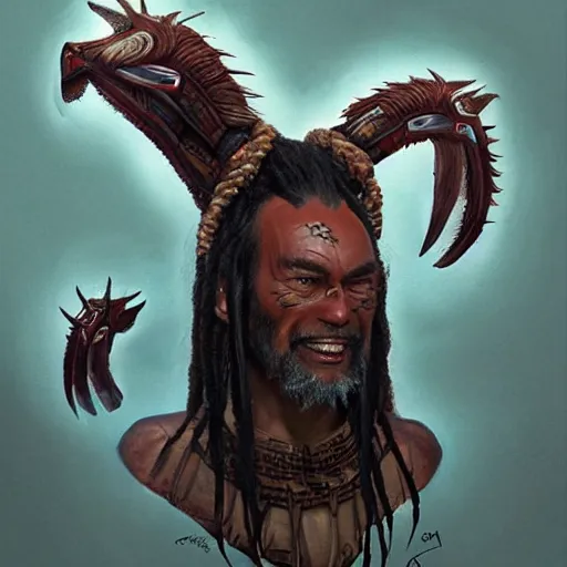 Prompt: Maori Tlingit Klingon with head crest and dreadlocks, alien bestiary by Greg Rutkowski