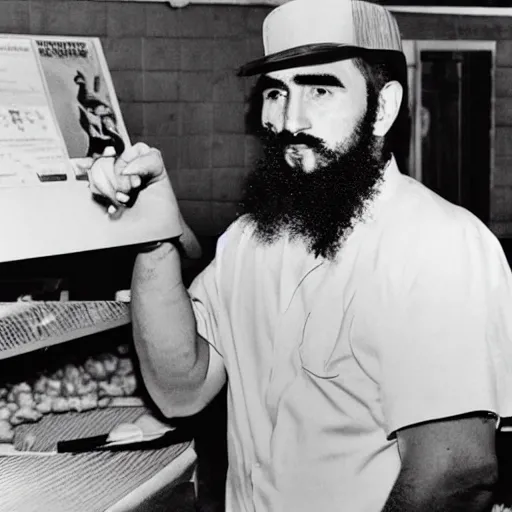Prompt: Fidel Castro working at Dairy Queen, photograph