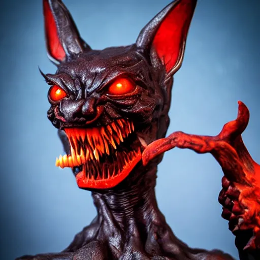 Image similar to detailed full body of scary giant mutant dark blue humanoid pygmy-bat, glowing red eyes, sharp teeth, acid leaking from mouth, realistic, giant, bat ears, bat nose, furred, detailed, 85mm f/1.4