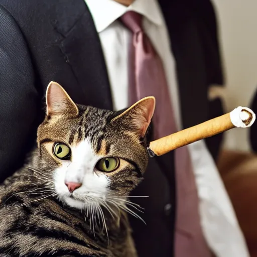 Image similar to a high detail closeup shot of a cat wearing a suit and smoking a cigar