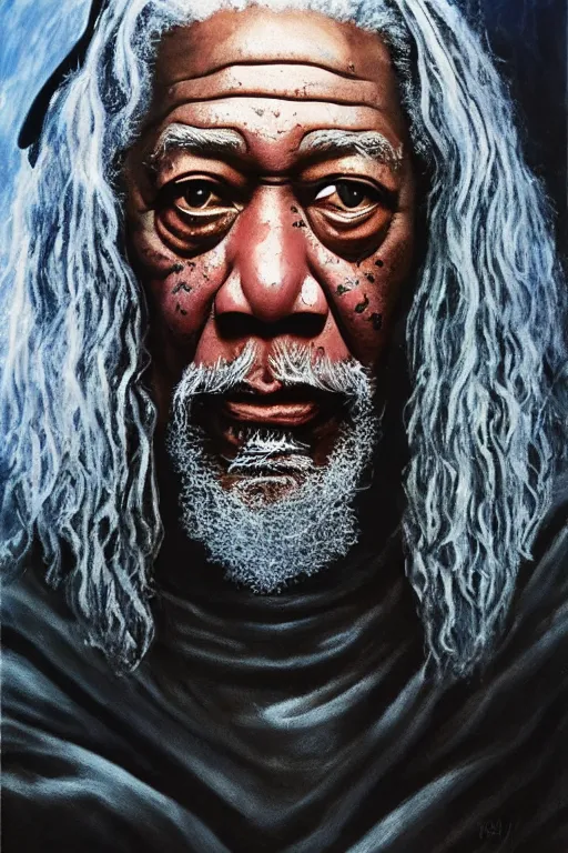 Image similar to morgan freeman starring as gandalf in lord of the rings, oil on canvas, intricate, 8 k highly professionally detailed, hdr, cgsociety